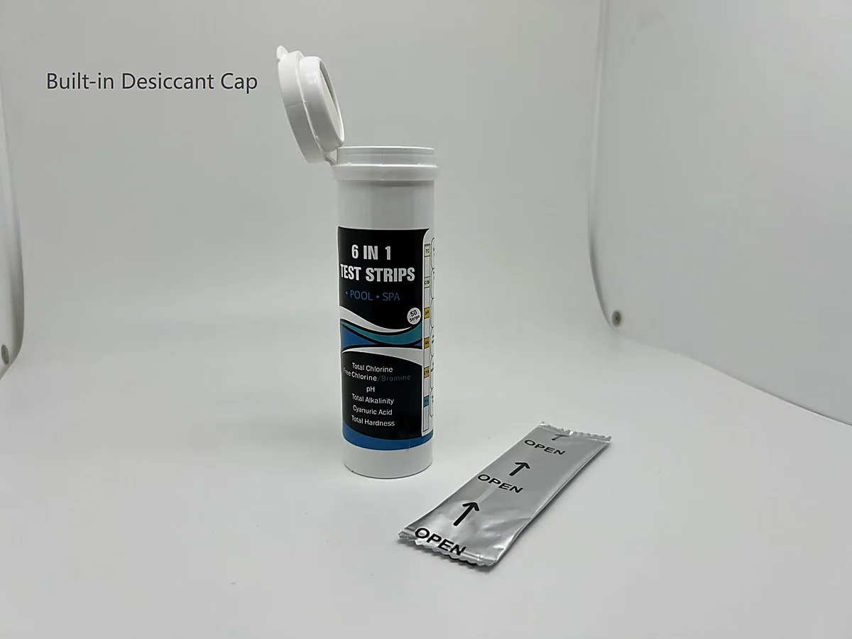 Test strip bottle with built-in desiccant cap